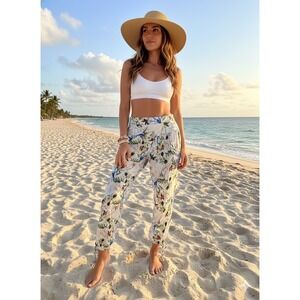 Cotton Daisy White Floral Print Boho Harem‎ Pants Smocked Waist Tie Belt